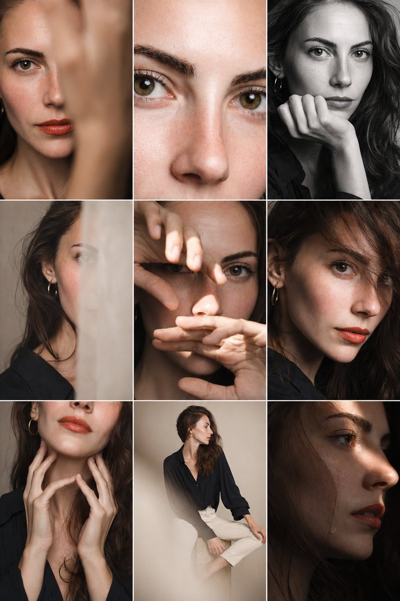 AI prompt example image: Editorial 3x3 beige studio grid in Portrait & People
