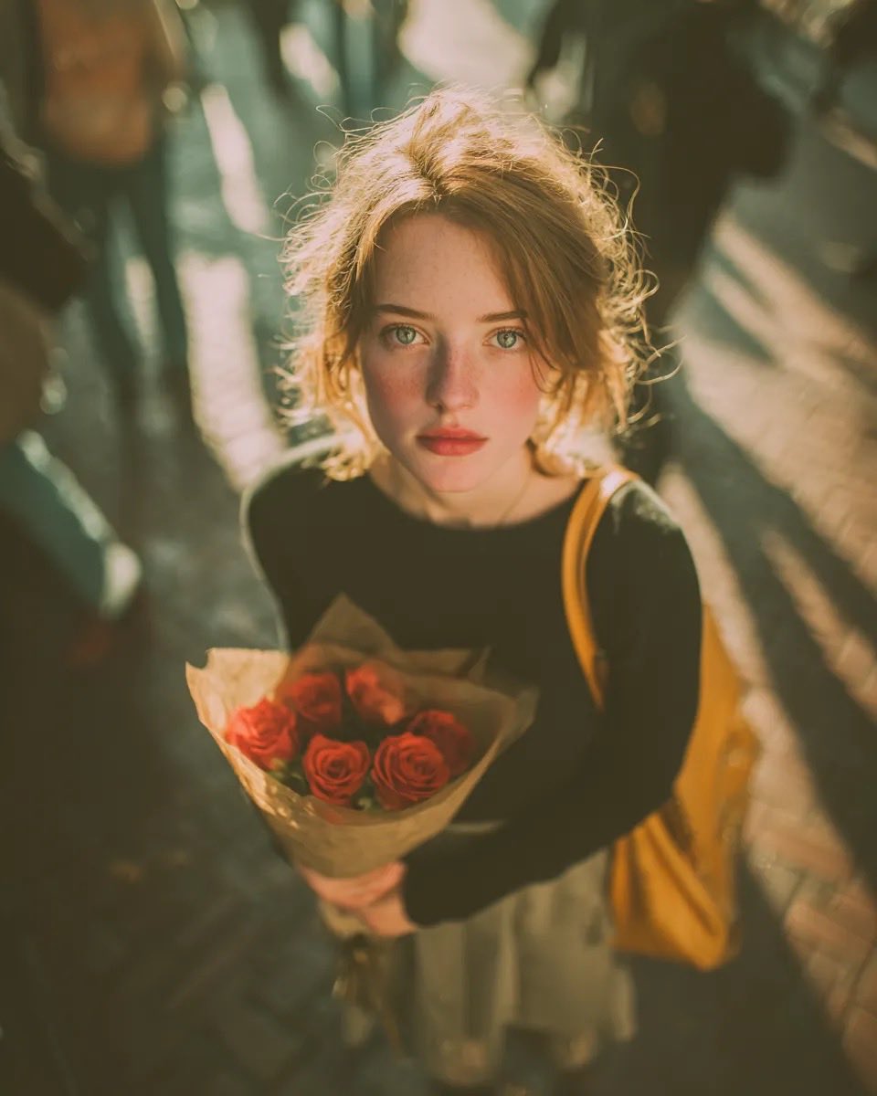 AI prompt example image: Top-down rose bouquet golden hour in Portrait & People