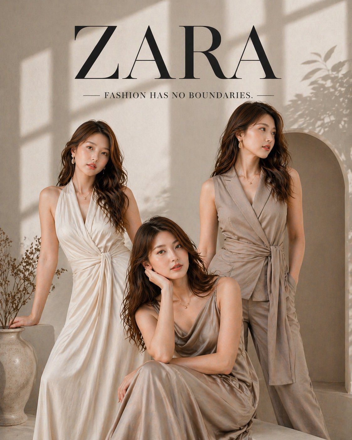 AI prompt example image: Zara-style triple-pose editorial in Portrait & People