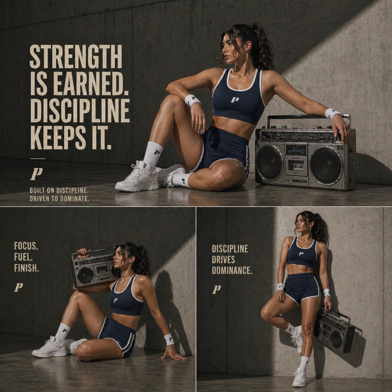 AI prompt example image: Cassette fitness triptych editorial in Portrait & People