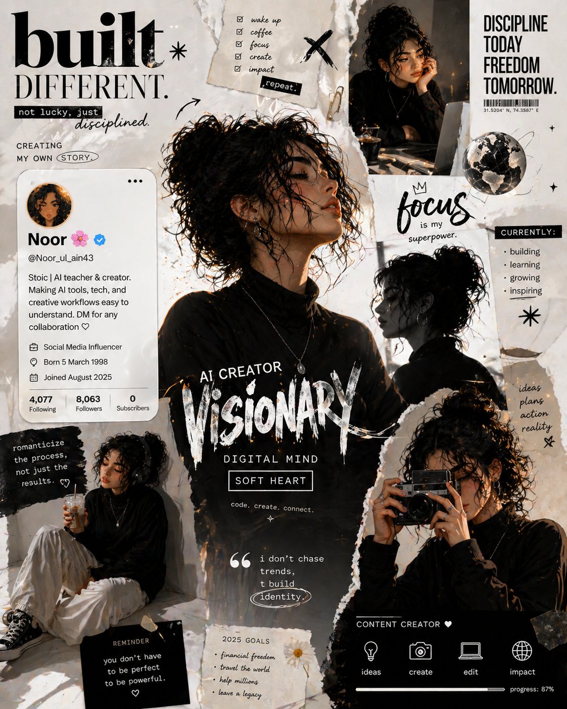 AI prompt example image: Built Different torn-paper editorial in Portrait & People